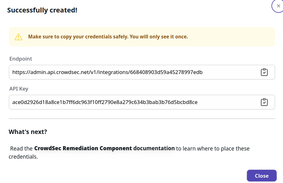 CrowdSec Remediation Component Integration Credentials Screen